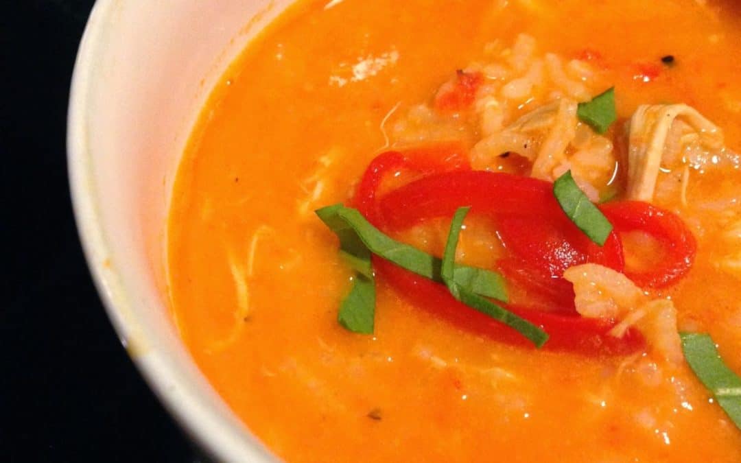 Creamy Roasted Red Pepper and Chickpea Soup with Chicken and Rice