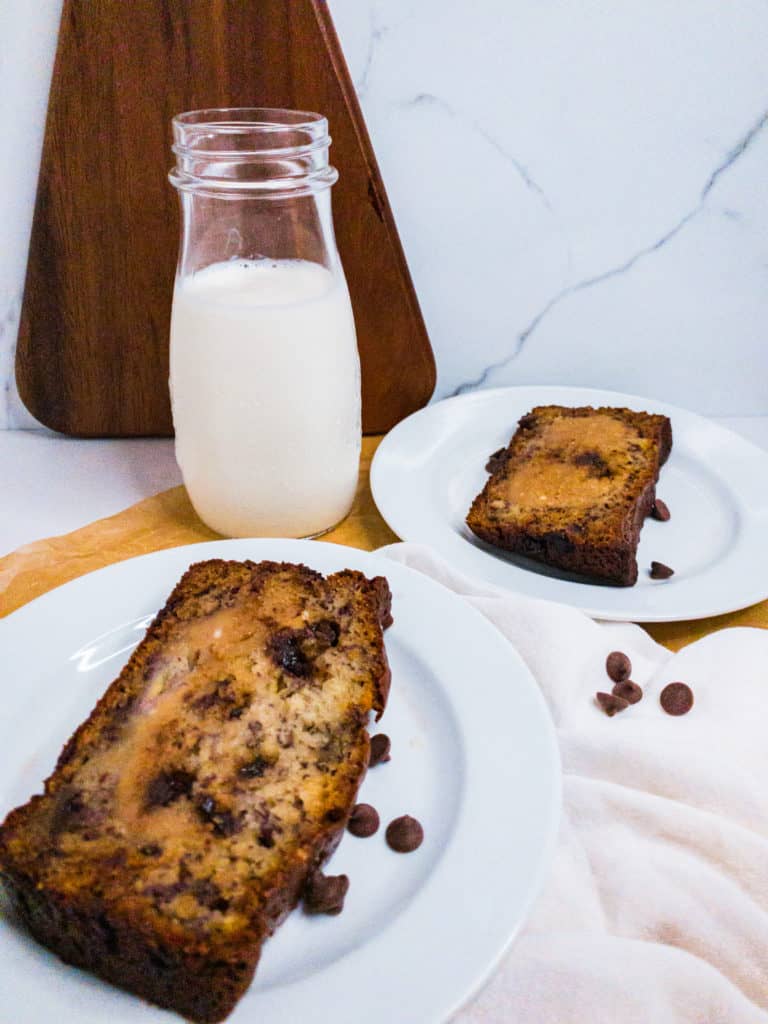 Banana bread with peanut butter cream cheese filling with milk
