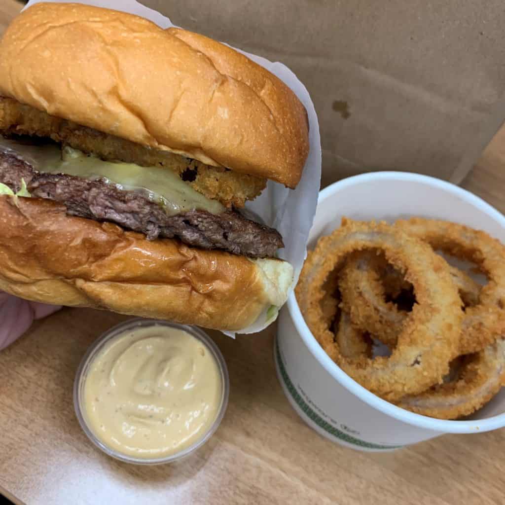 Burger and onion rings from Chubbies Burgers