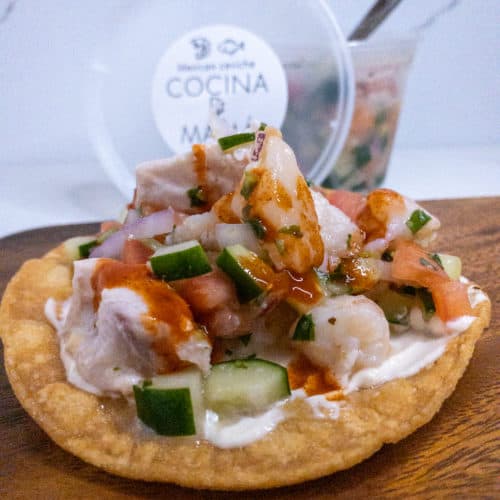Shrimp and fish ceviche on homemade tostada from Cocina de Mama