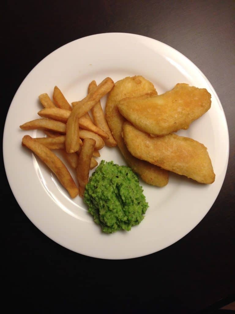 Mushy peas with fish and chips - overhead