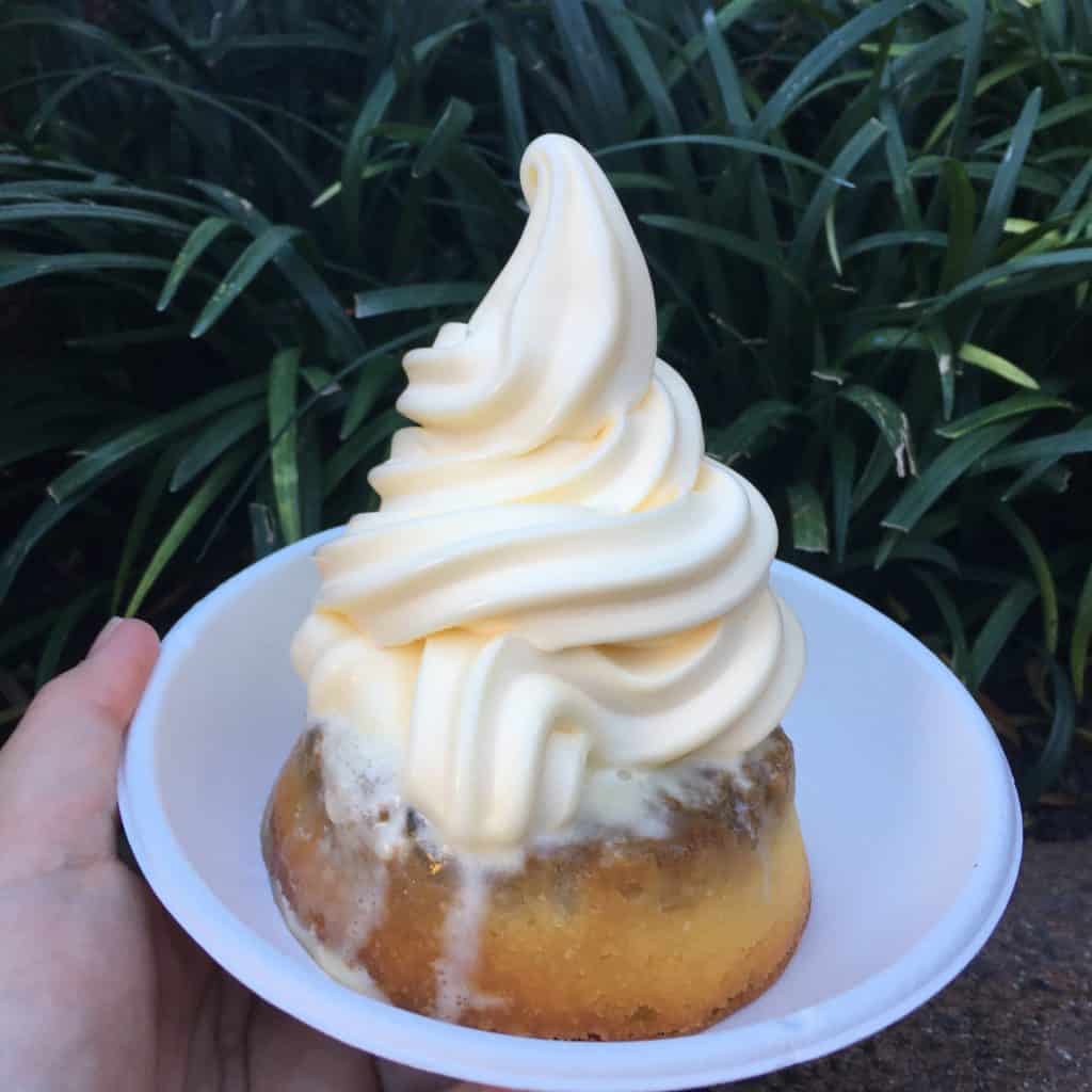 Pineapple upside down cake topped with Dole Whip from Aloha Isle