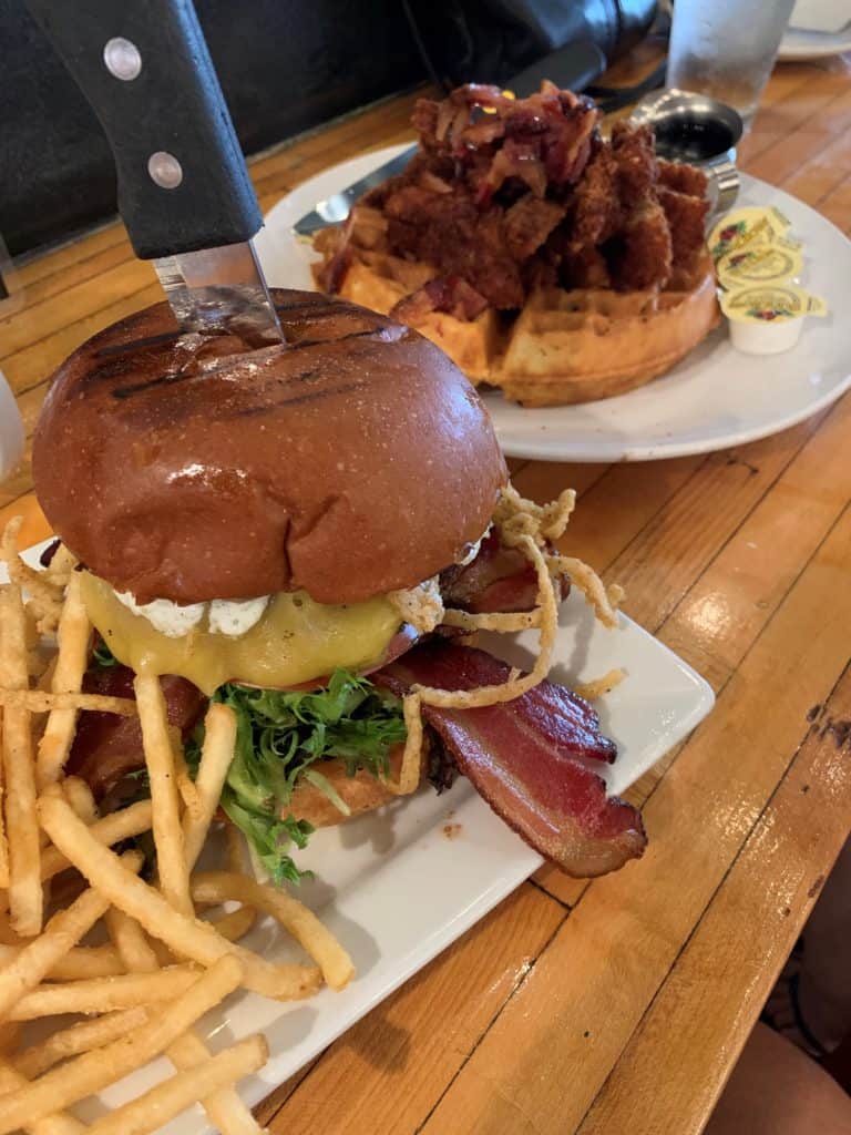Burger and chicken & waffles from The Surfing Pig