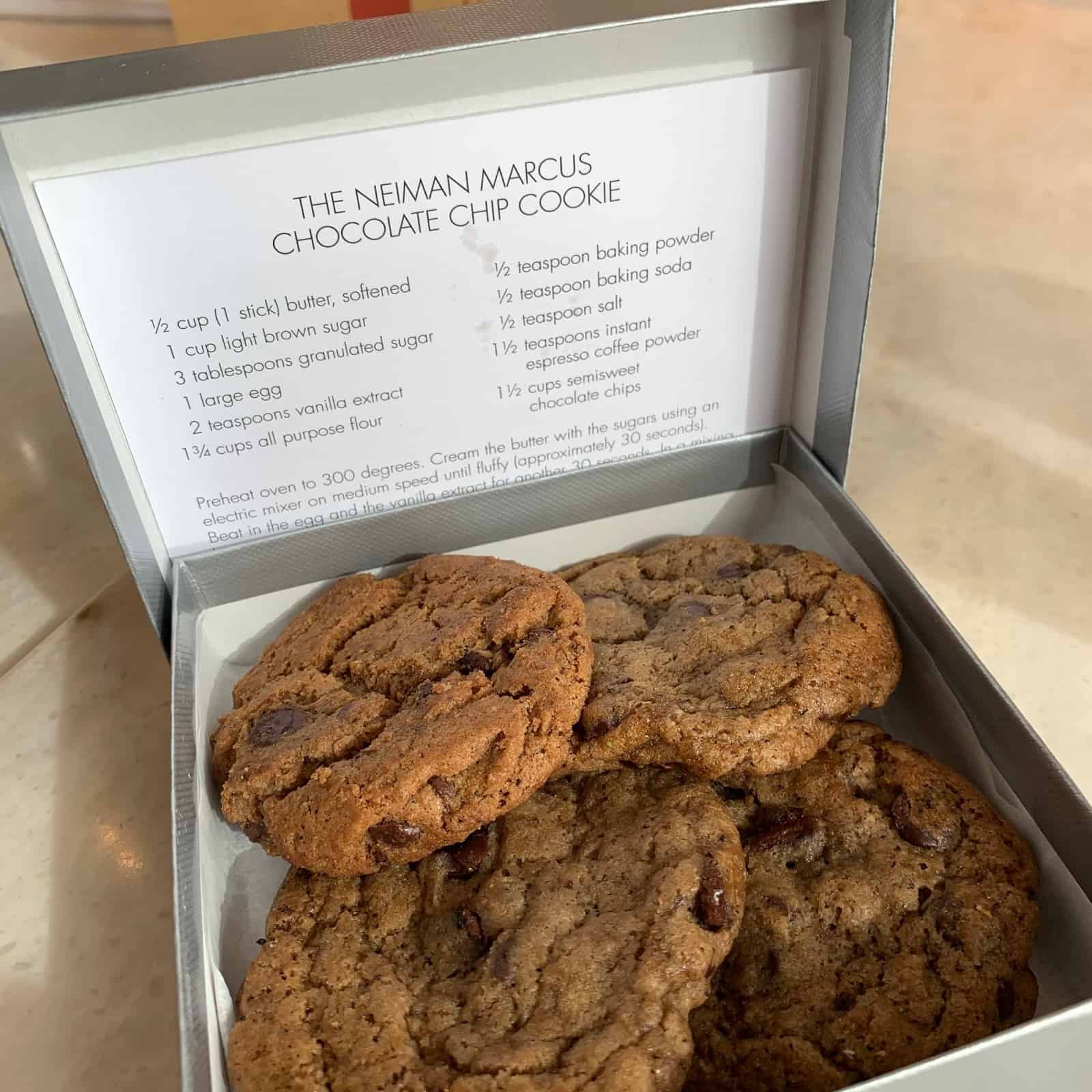 Chocolate chip cookies presented in a box at Neiman Marcus