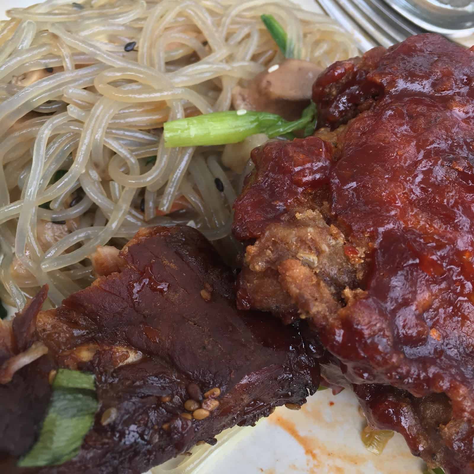 Japchae and Korean fried chicken