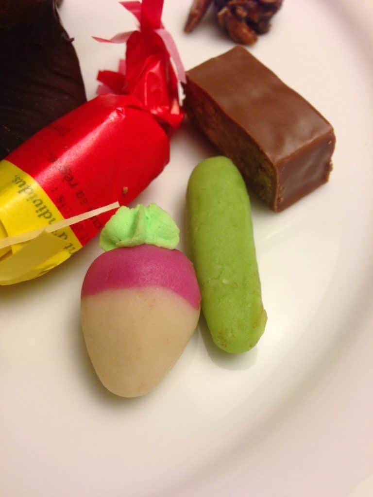 Marzipan vegetables and chocolates