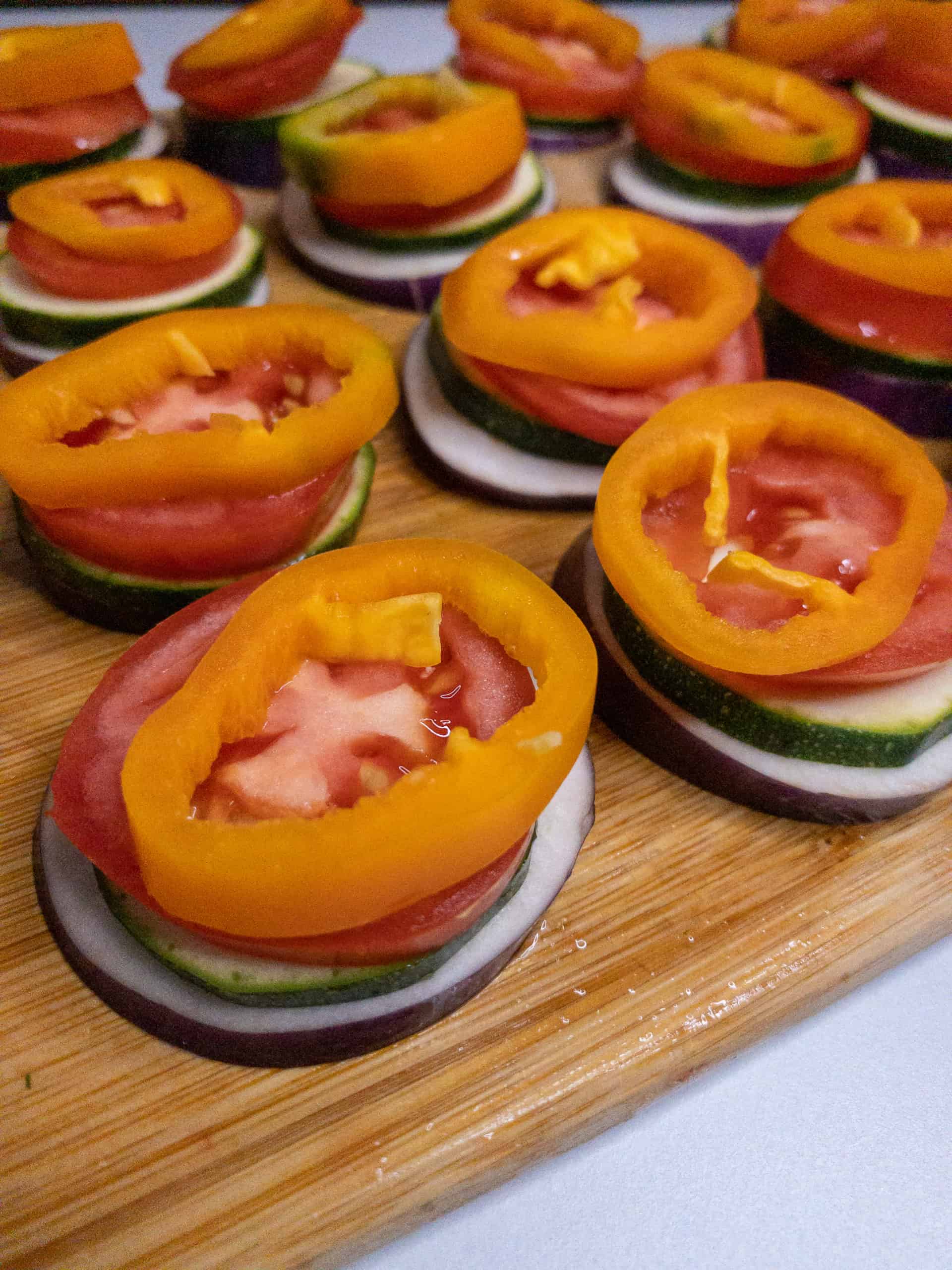 Stacks of vegetable slices ready for final assembly