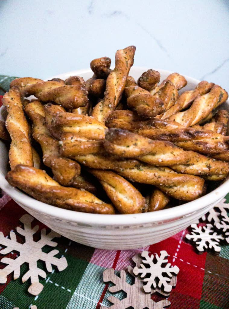 Closeup of ranch seasoned pretzels