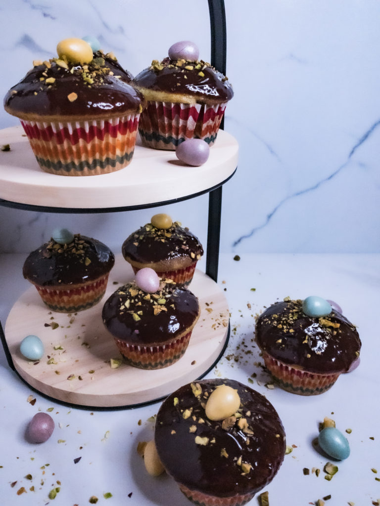 Chocolate Pistachio Marbled Cupcakes on tiered stand