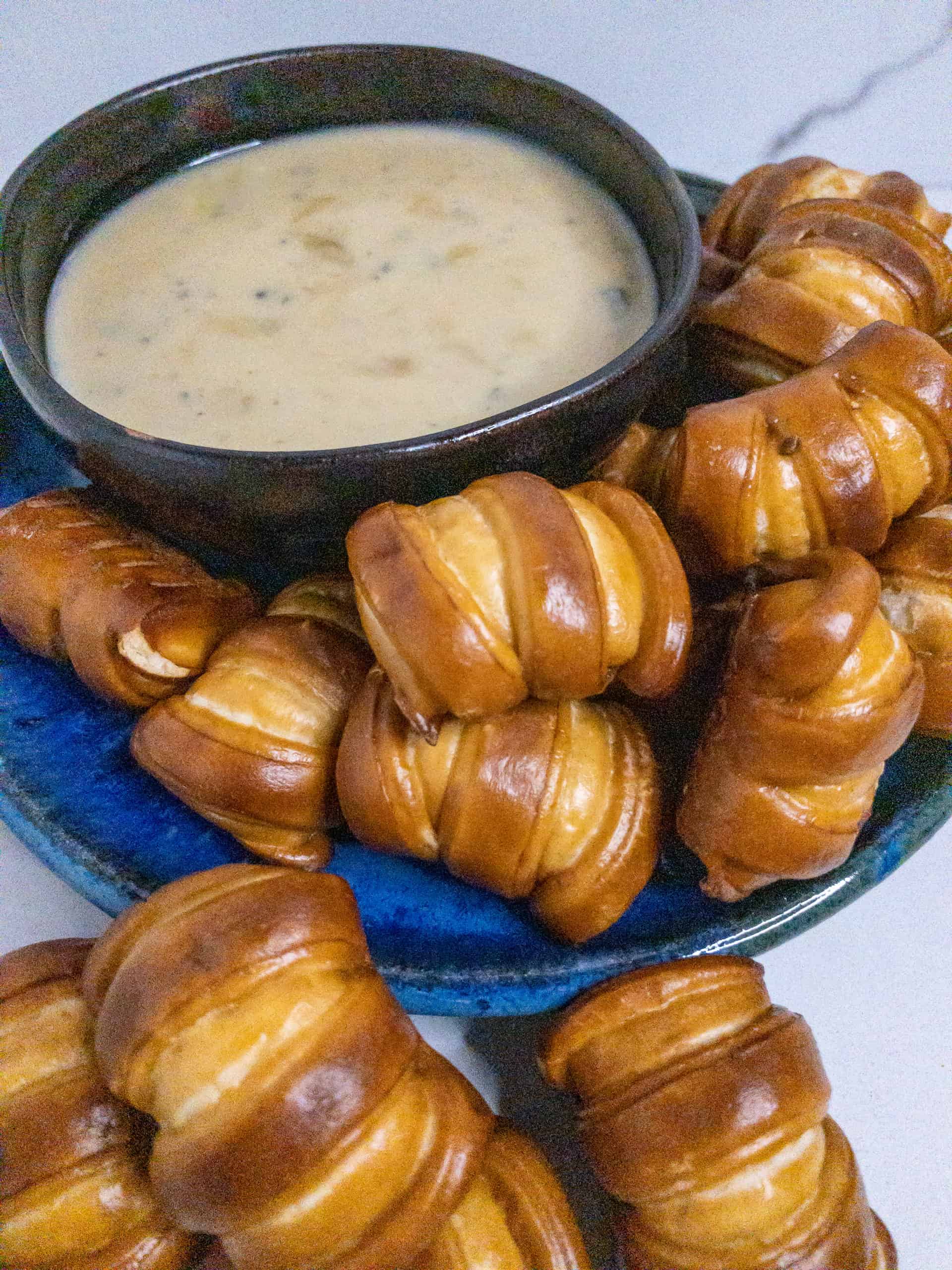 Blue cheese fondue dip and pretzel bites