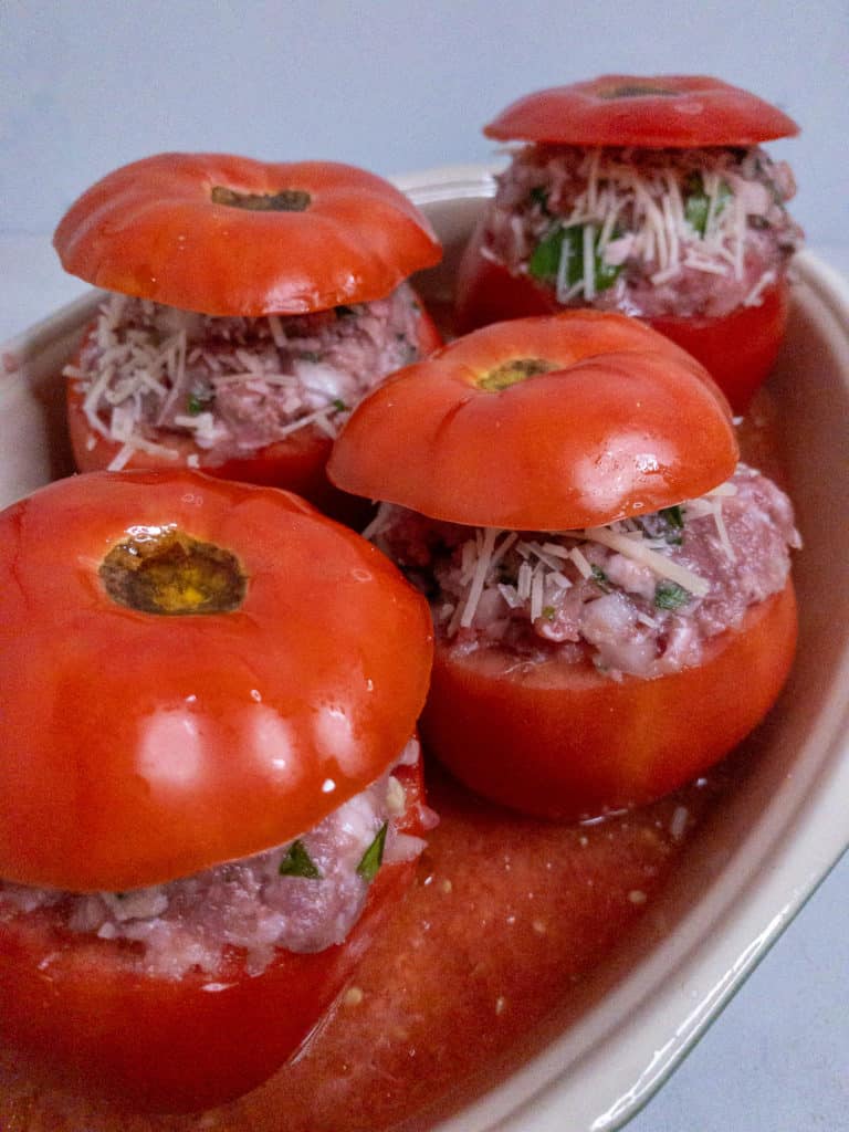 Stuffed tomatoes ready for the oven