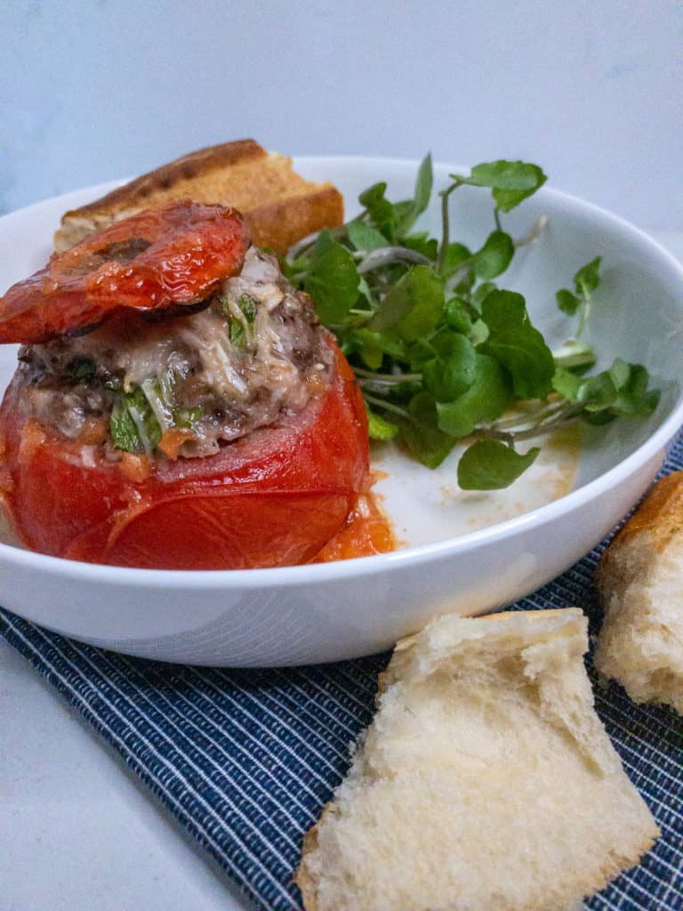 Tomate farcis - stuffed tomato with crusty bread and green salad