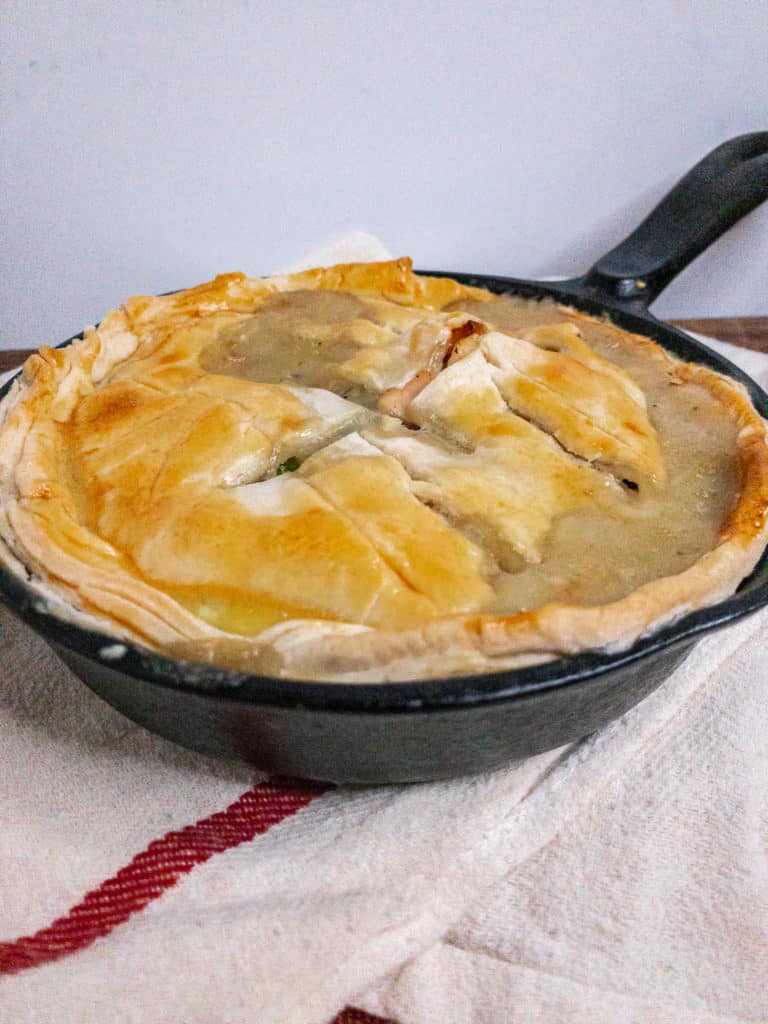 Turkey pot pie in cast iron pan