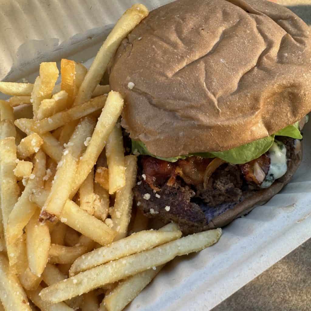 Blue Hawaii burger with truffle fries from Honolulu Burger Company