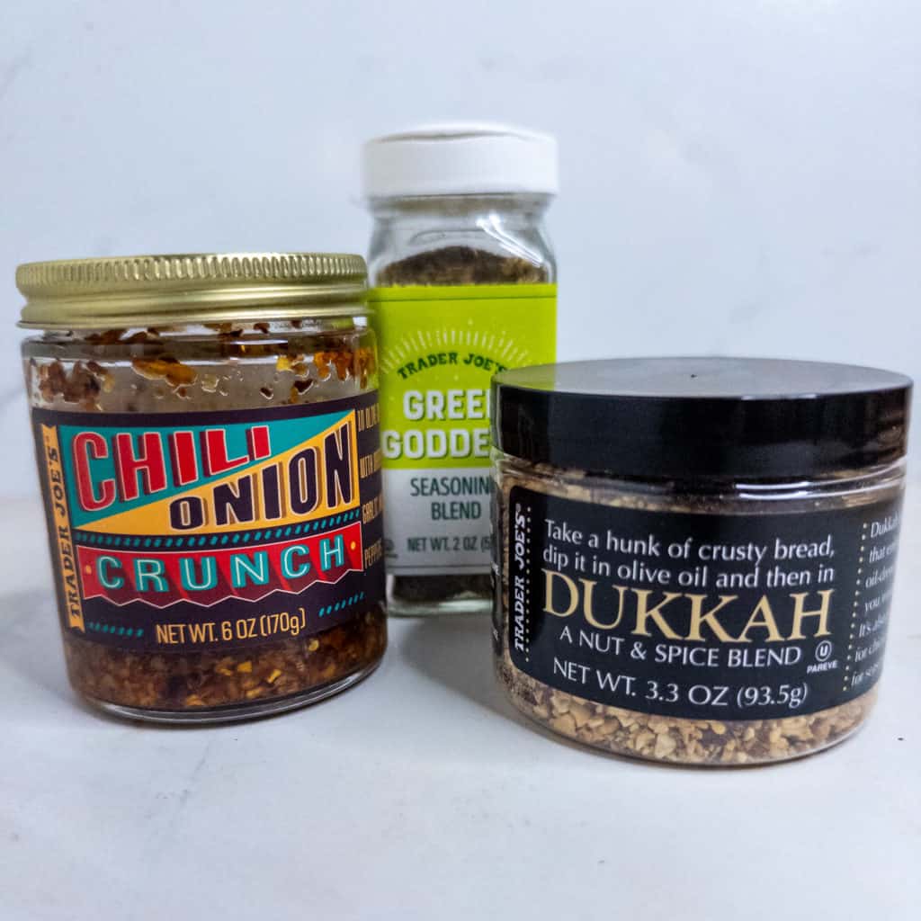 Trader Joe's condiments - Chili Onion Crunch, Green Goddess Seasoning Blend, Dukkah