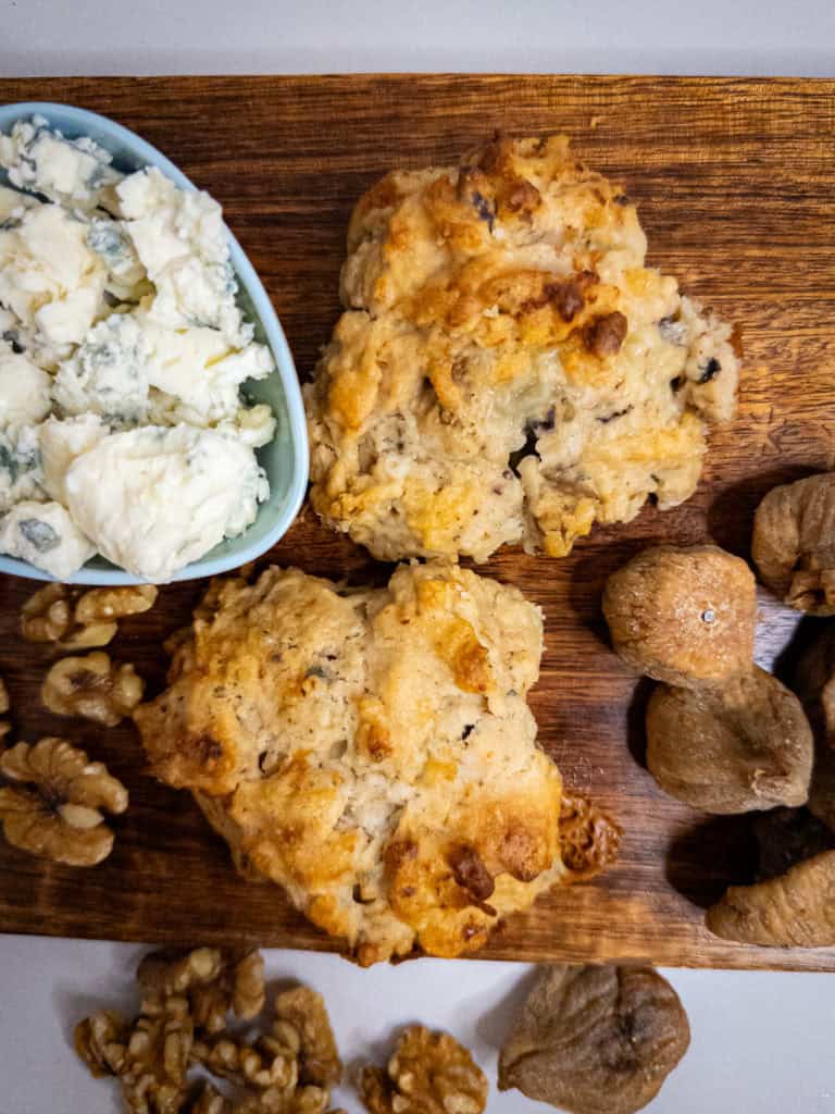Stilton, Walnut, and Fig Drop Biscuits - with ingredients, overhead