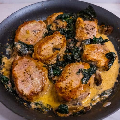 Pork Chops in Creamy Kale Mushroom Sauce - in pan