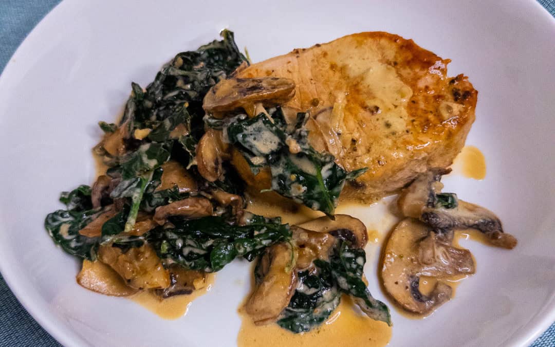 Pork Chops in Creamy Kale Mushroom Sauce - single serving