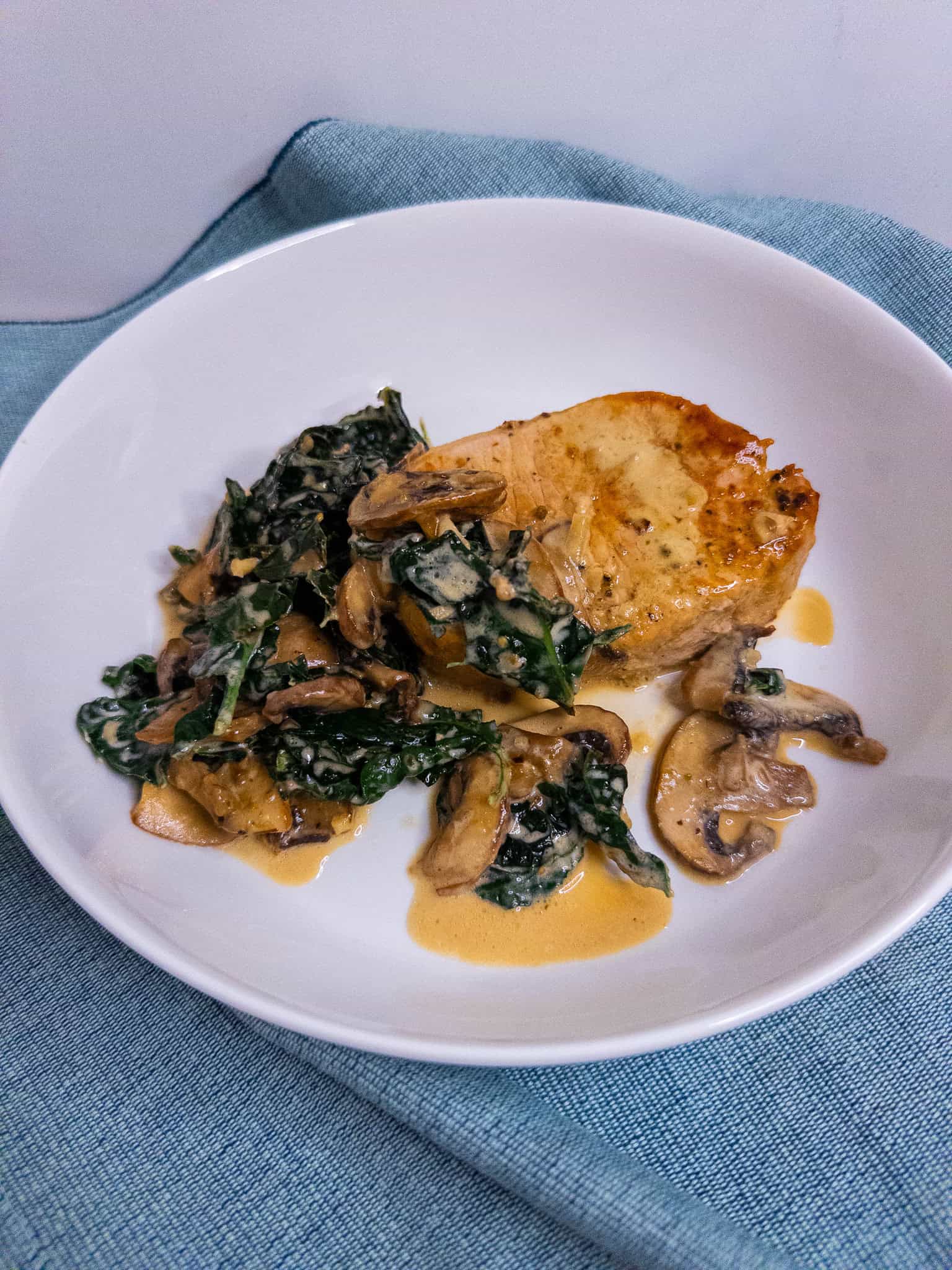 Pork Chops in Creamy Kale Mushroom Sauce - single serving