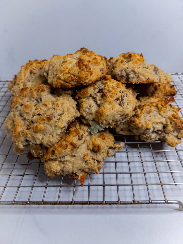 Stilton, Walnut, and Fig Drop Biscuits - stacked on cooling rack